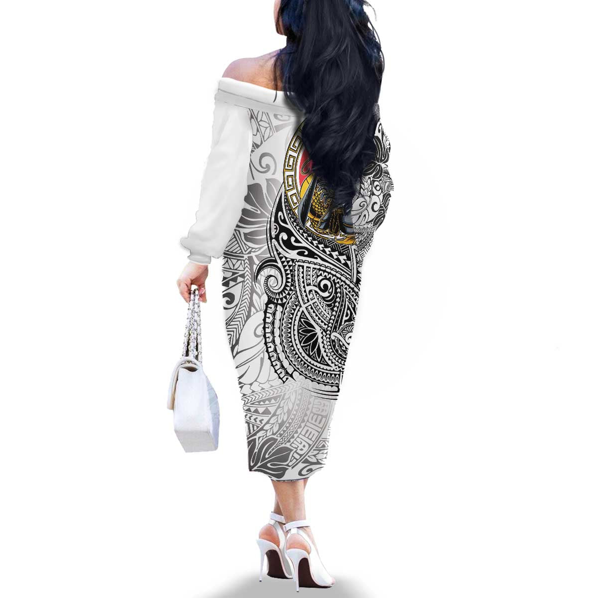 Japanese Samurai Warrior Family Matching Off The Shoulder Long Sleeve Dress and Hawaiian Shirt White Polynesian Tattoo Style LT9 - Polynesian Pride