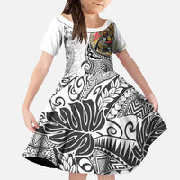 Japanese Samurai Warrior Family Matching Off Shoulder Maxi Dress and Hawaiian Shirt White Polynesian Tattoo Style LT9 Daughter's Dress White - Polynesian Pride