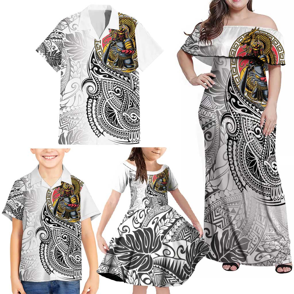 Japanese Samurai Warrior Family Matching Off Shoulder Maxi Dress and Hawaiian Shirt White Polynesian Tattoo Style LT9 - Polynesian Pride