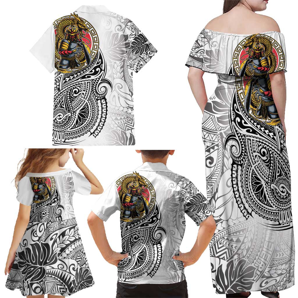 Japanese Samurai Warrior Family Matching Off Shoulder Maxi Dress and Hawaiian Shirt White Polynesian Tattoo Style LT9 - Polynesian Pride