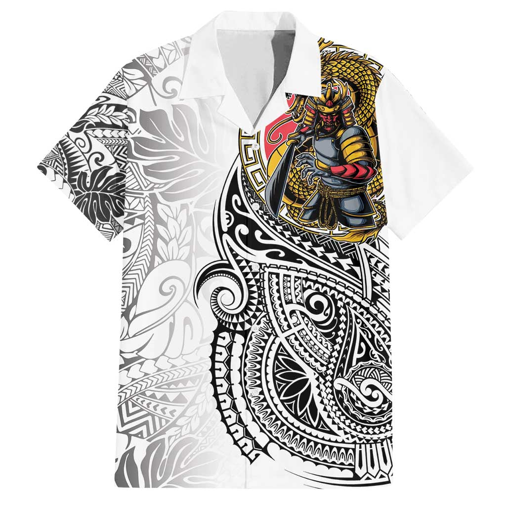 Japanese Samurai Warrior Family Matching Off Shoulder Maxi Dress and Hawaiian Shirt White Polynesian Tattoo Style LT9 Dad's Shirt - Short Sleeve White - Polynesian Pride