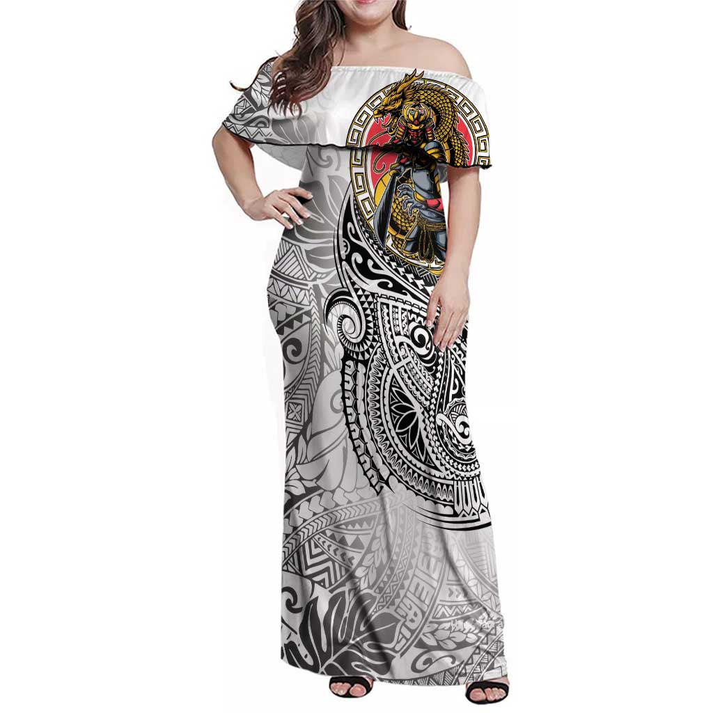 Japanese Samurai Warrior Family Matching Off Shoulder Maxi Dress and Hawaiian Shirt White Polynesian Tattoo Style LT9 Mom's Dress White - Polynesian Pride