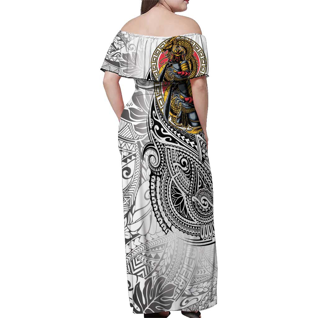 Japanese Samurai Warrior Family Matching Off Shoulder Maxi Dress and Hawaiian Shirt White Polynesian Tattoo Style LT9 - Polynesian Pride