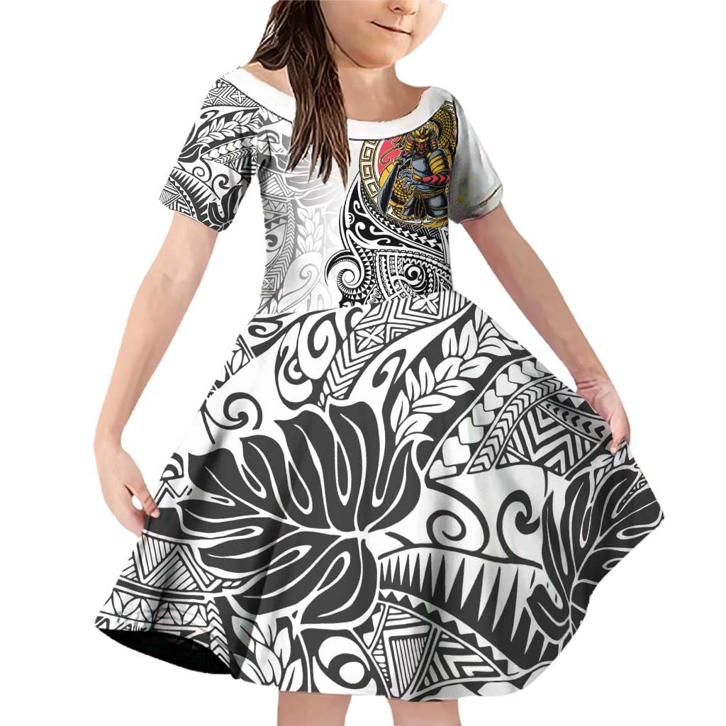 Japanese Samurai Warrior Family Matching Off Shoulder Short Dress and Hawaiian Shirt White Polynesian Tattoo Style LT9 Daughter's Dress White - Polynesian Pride