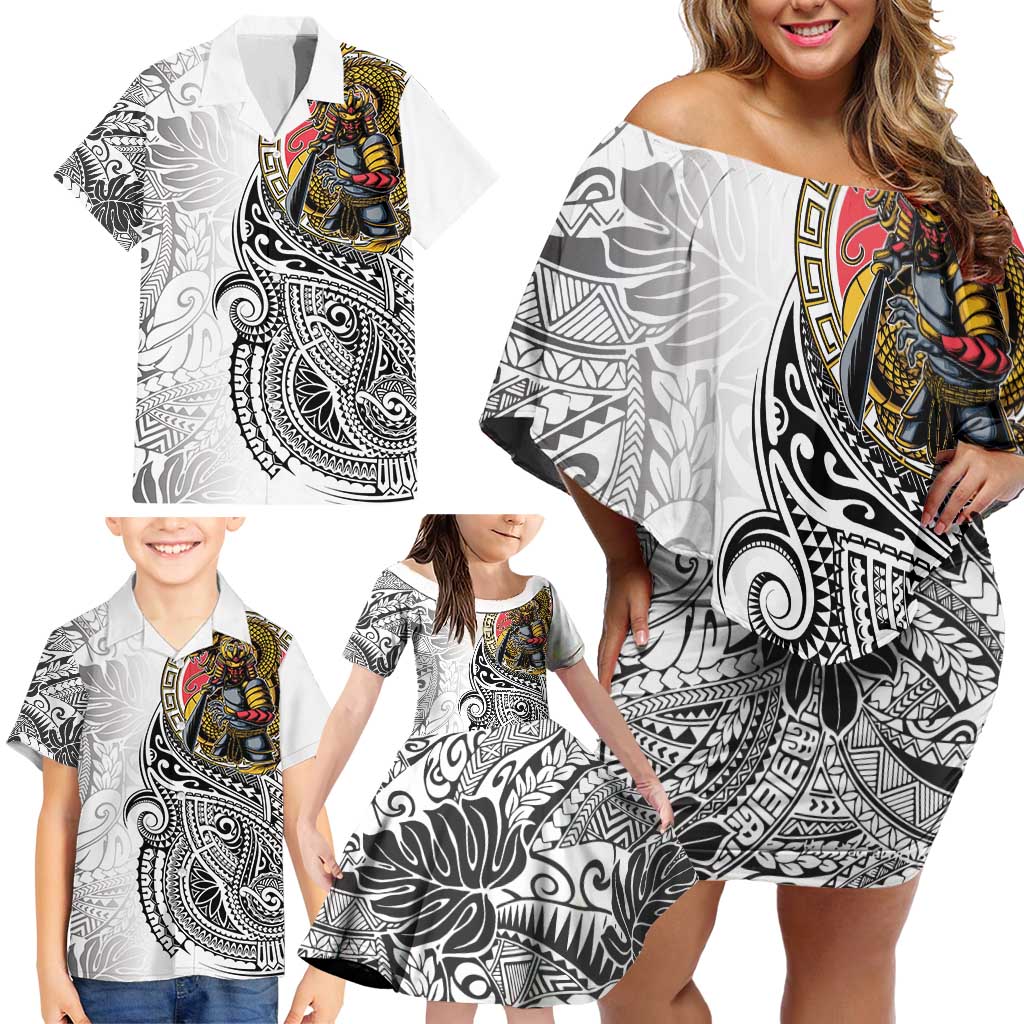 Japanese Samurai Warrior Family Matching Off Shoulder Short Dress and Hawaiian Shirt White Polynesian Tattoo Style LT9 - Polynesian Pride