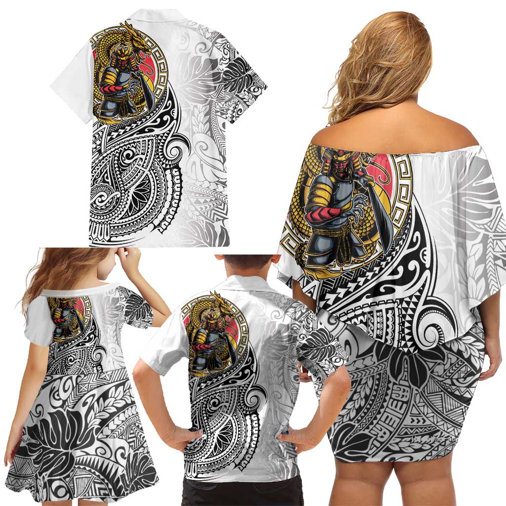Japanese Samurai Warrior Family Matching Off Shoulder Short Dress and Hawaiian Shirt White Polynesian Tattoo Style LT9 - Polynesian Pride