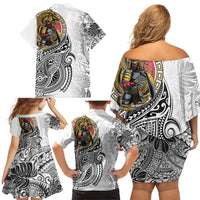Japanese Samurai Warrior Family Matching Off Shoulder Short Dress and Hawaiian Shirt White Polynesian Tattoo Style LT9 - Polynesian Pride