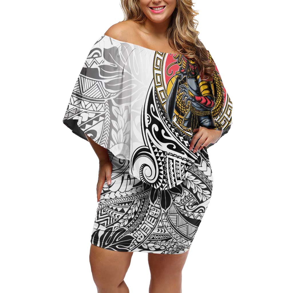 Japanese Samurai Warrior Family Matching Off Shoulder Short Dress and Hawaiian Shirt White Polynesian Tattoo Style LT9 Mom's Dress White - Polynesian Pride