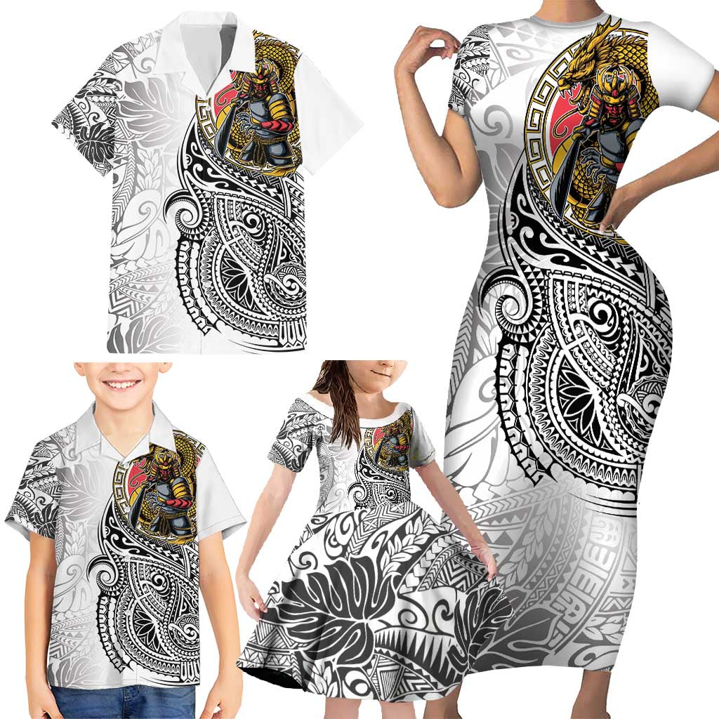 Japanese Samurai Warrior Family Matching Short Sleeve Bodycon Dress and Hawaiian Shirt White Polynesian Tattoo Style LT9 - Polynesian Pride