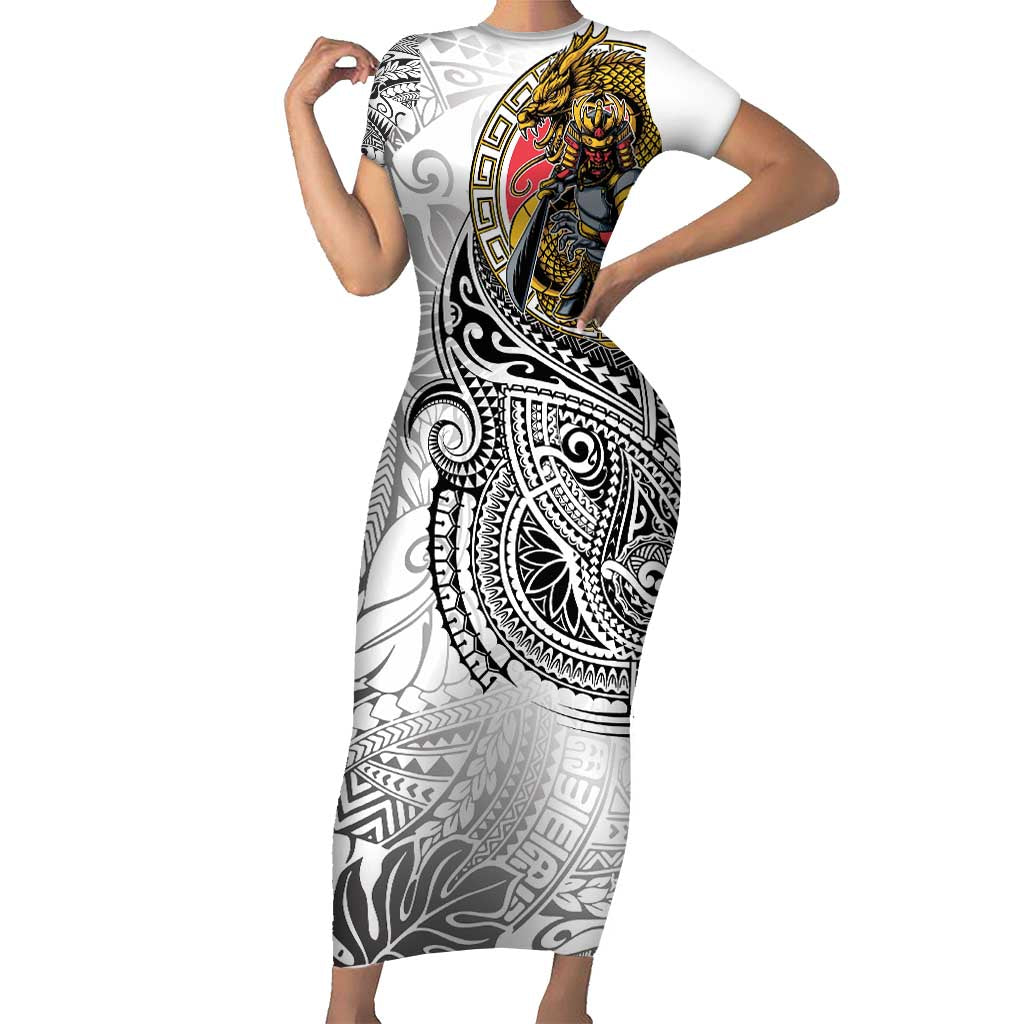 Japanese Samurai Warrior Family Matching Short Sleeve Bodycon Dress and Hawaiian Shirt White Polynesian Tattoo Style LT9 Mom's Dress White - Polynesian Pride