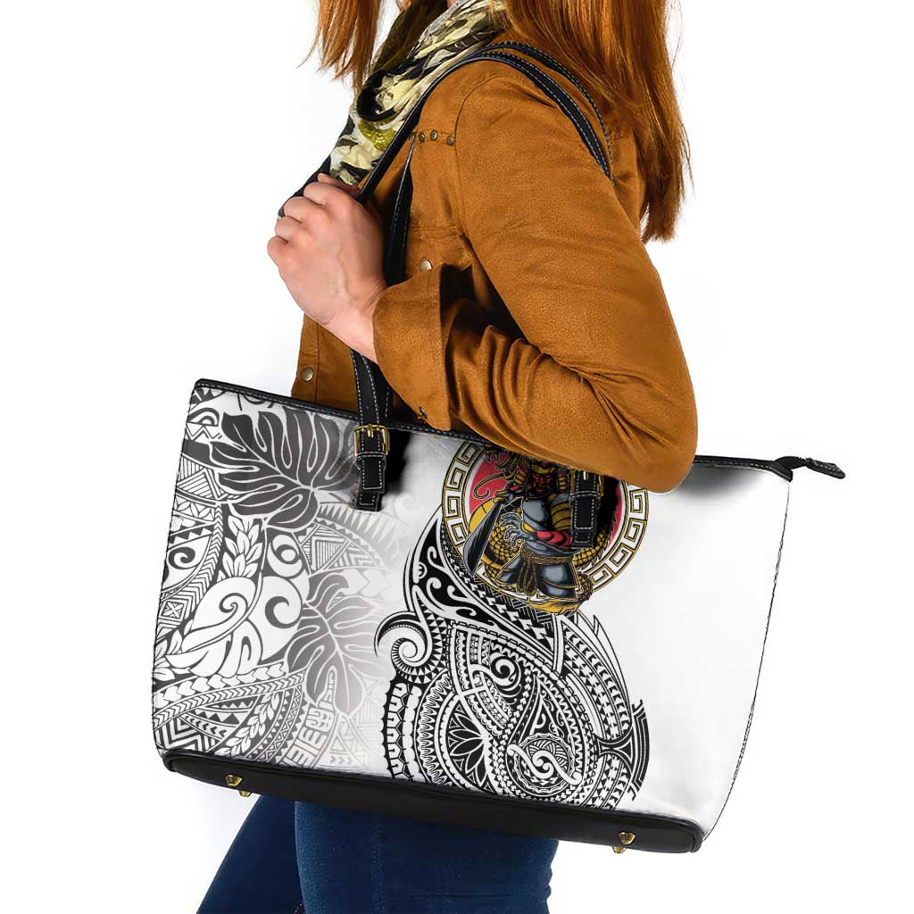 Japanese Samurai Warrior Leather Tote Bag White Polynesian Tattoo Style LT9 White - Polynesian Pride