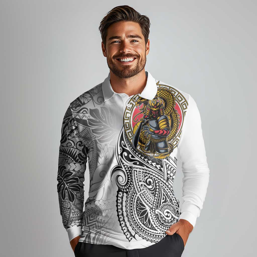 Japanese Samurai Warrior Long Sleeve Polo Shirt White Polynesian Tattoo Style