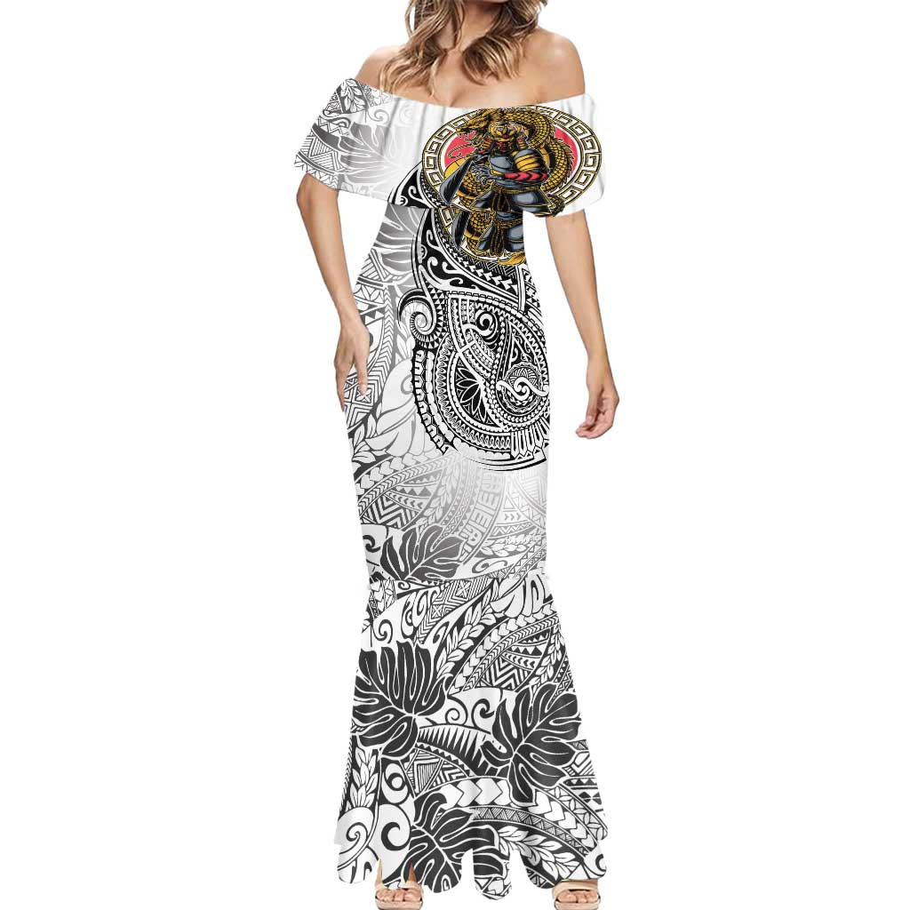 Japanese Samurai Warrior Mermaid Dress White Polynesian Tattoo Style LT9 - Polynesian Pride