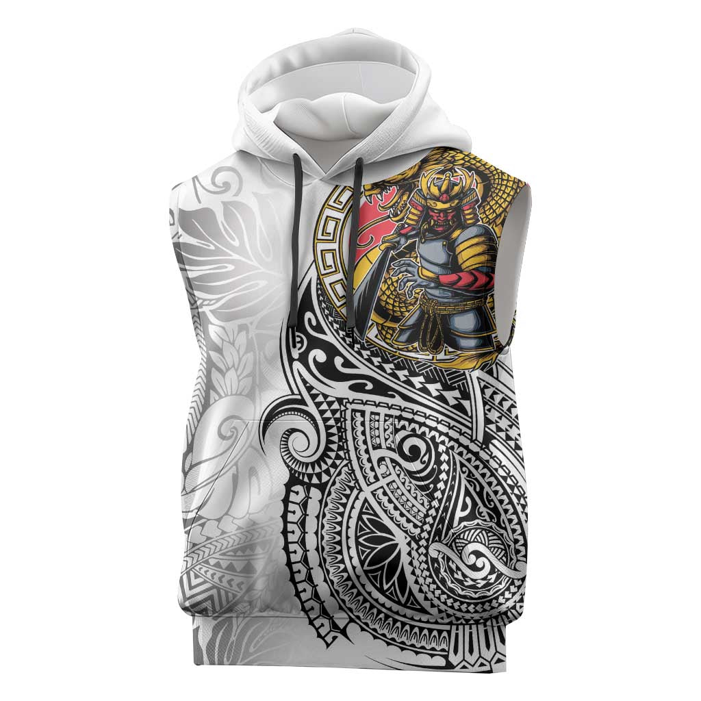 Japanese Samurai Warrior Sleeveless Hoodie White Polynesian Tattoo Style LT9 White - Polynesian Pride