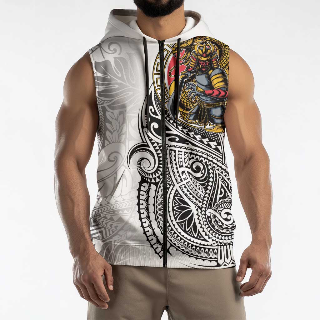 Japanese Samurai Warrior Sleeveless Zip Hoodie White Polynesian Tattoo Style LT9 - Polynesian Pride