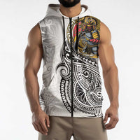 Japanese Samurai Warrior Sleeveless Zip Hoodie White Polynesian Tattoo Style LT9 - Polynesian Pride