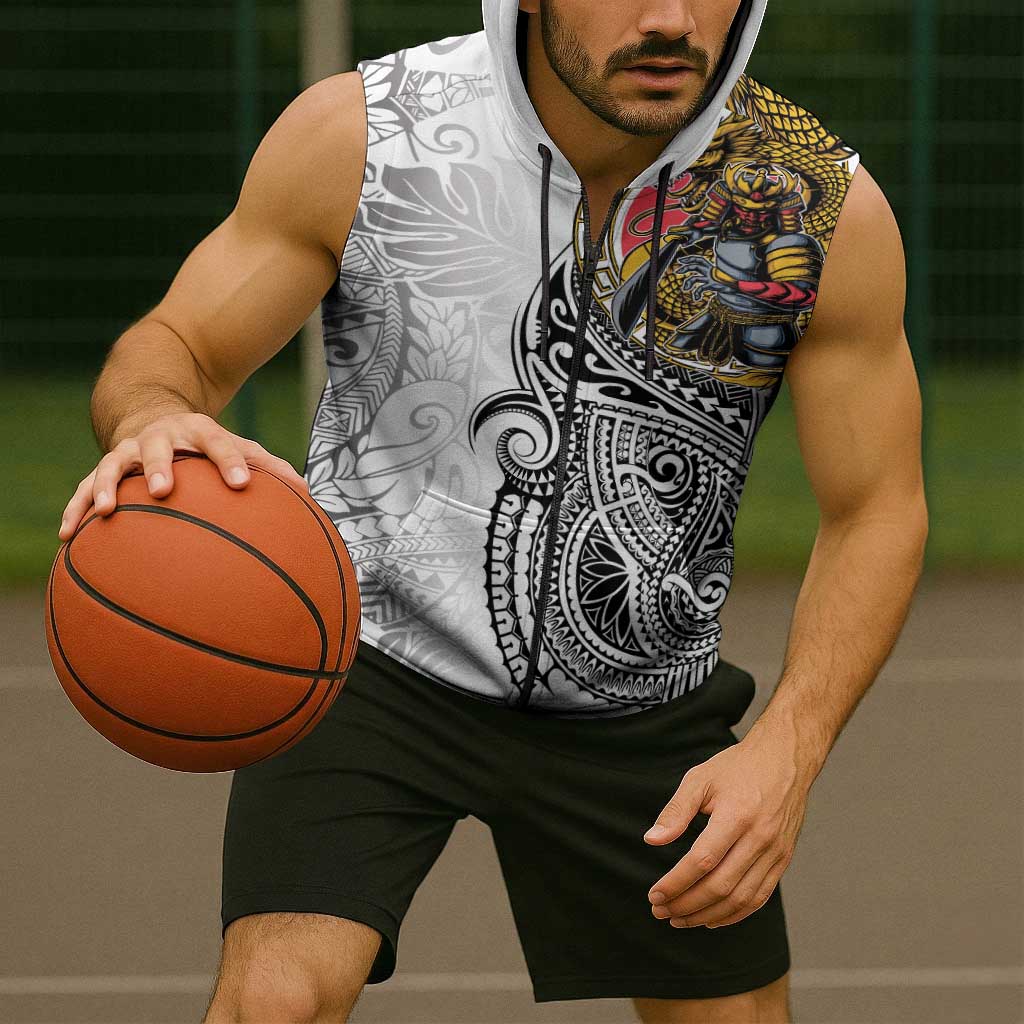 Japanese Samurai Warrior Sleeveless Zip Hoodie White Polynesian Tattoo Style LT9 - Polynesian Pride