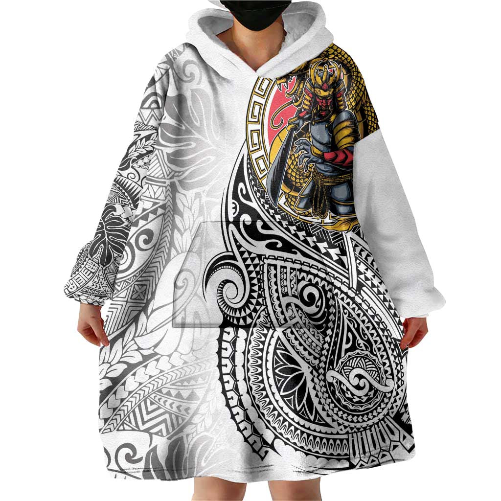 Japanese Samurai Warrior Wearable Blanket Hoodie White Polynesian Tattoo Style LT9 - Polynesian Pride