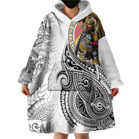 Japanese Samurai Warrior Wearable Blanket Hoodie White Polynesian Tattoo Style LT9 - Polynesian Pride