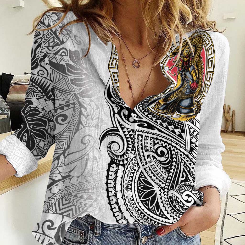 Japanese Samurai Warrior Women Casual Shirt White Polynesian Tattoo Style LT9 Female White - Polynesian Pride