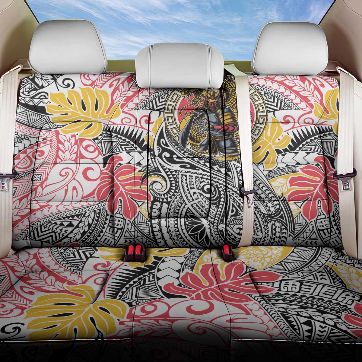 Japanese Samurai Warrior Back Car Seat Cover Colorful Polynesian Tattoo Style LT9 One Size White - Polynesian Pride