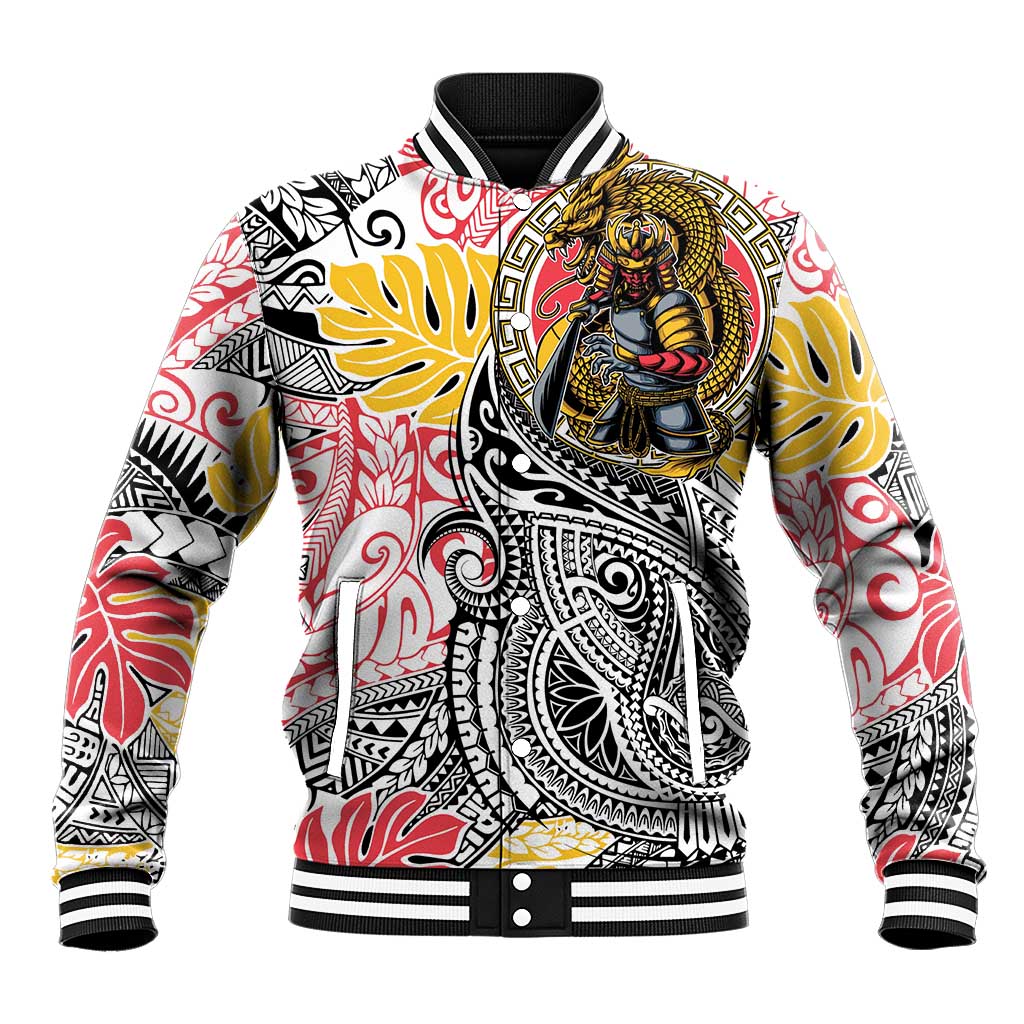 Japanese Samurai Warrior Baseball Jacket Colorful Polynesian Tattoo Style