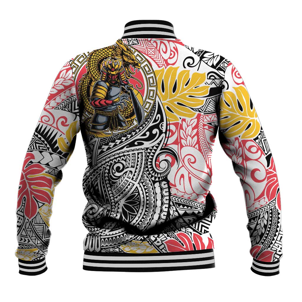 Japanese Samurai Warrior Baseball Jacket Colorful Polynesian Tattoo Style