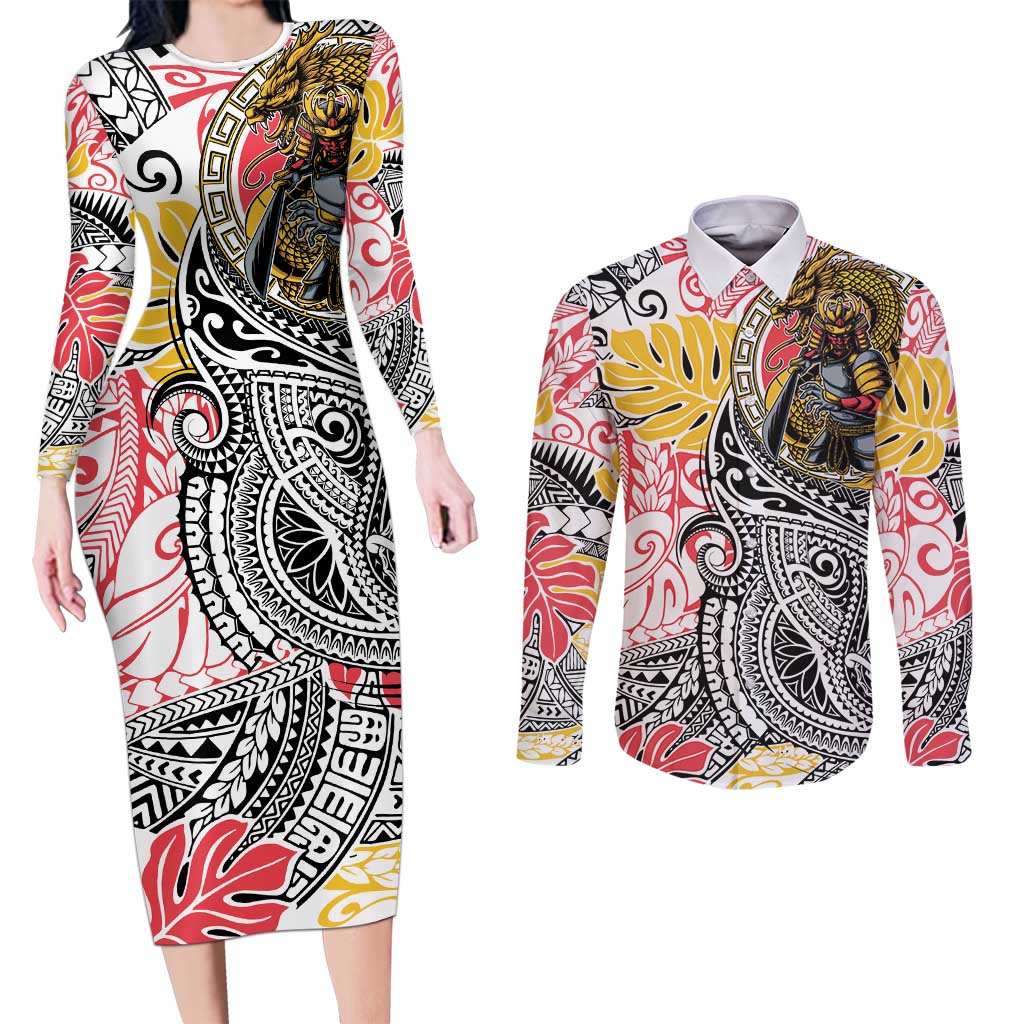 Japanese Samurai Warrior Couples Matching Long Sleeve Bodycon Dress and Long Sleeve Button Shirt Colorful Polynesian Tattoo Style LT9 White - Polynesian Pride