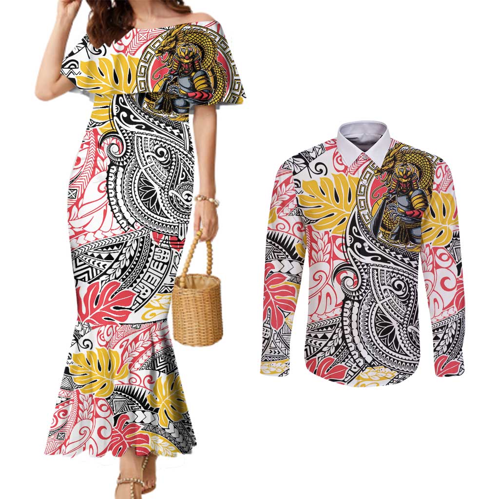 Japanese Samurai Warrior Couples Matching Mermaid Dress and Long Sleeve Button Shirt Colorful Polynesian Tattoo Style LT9 White - Polynesian Pride