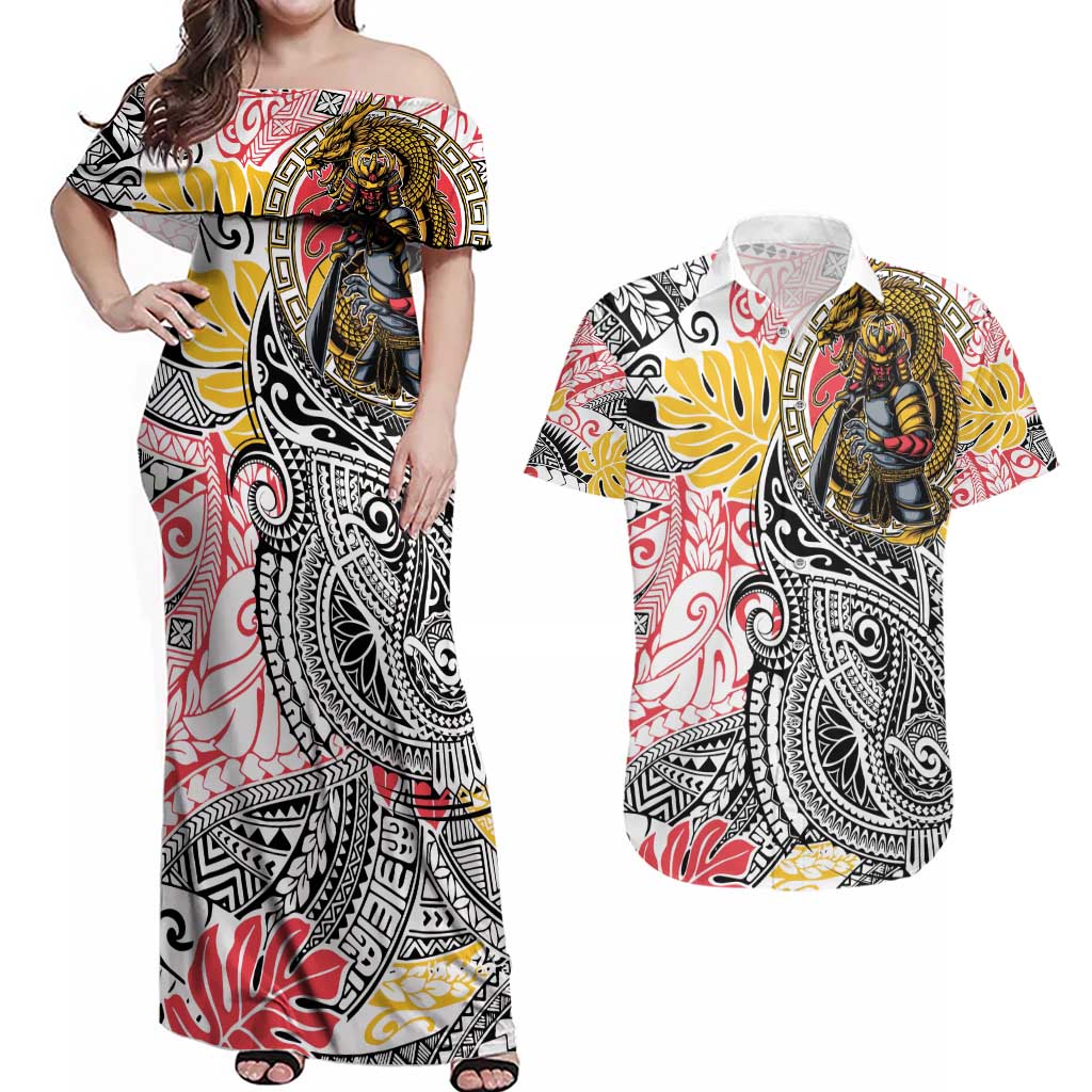 Japanese Samurai Warrior Couples Matching Off Shoulder Maxi Dress and Hawaiian Shirt Colorful Polynesian Tattoo Style LT9 White - Polynesian Pride