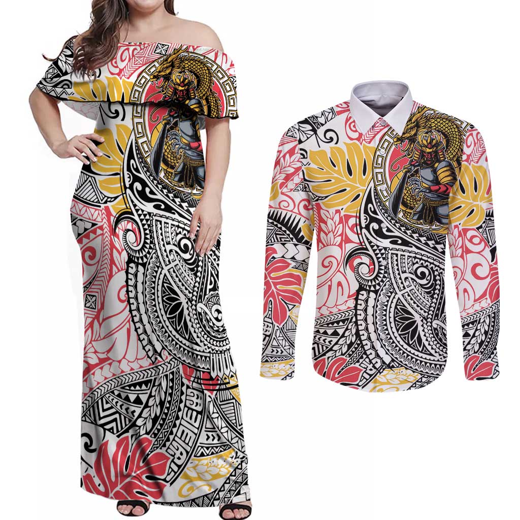 Japanese Samurai Warrior Couples Matching Off Shoulder Maxi Dress and Long Sleeve Button Shirt Colorful Polynesian Tattoo Style LT9 White - Polynesian Pride