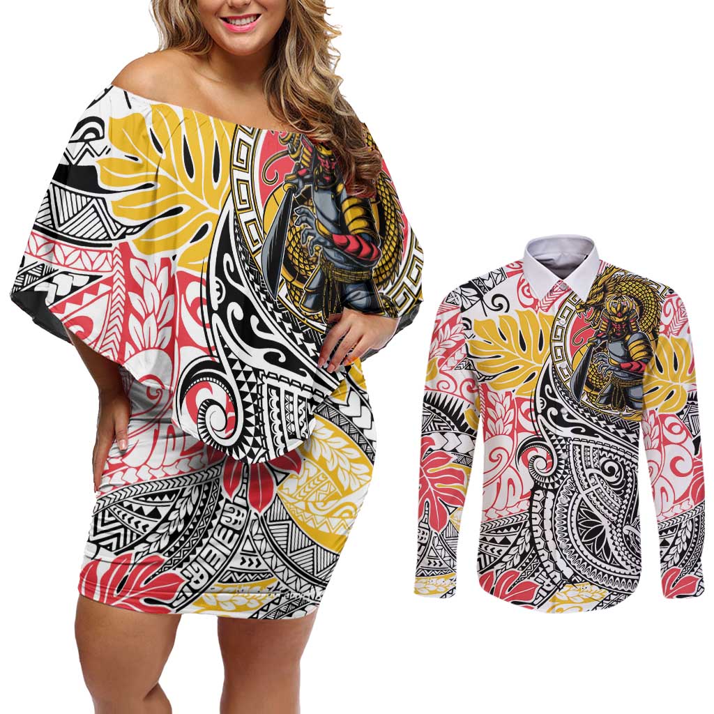 Japanese Samurai Warrior Couples Matching Off Shoulder Short Dress and Long Sleeve Button Shirt Colorful Polynesian Tattoo Style LT9 White - Polynesian Pride