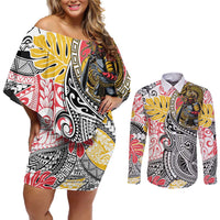Japanese Samurai Warrior Couples Matching Off Shoulder Short Dress and Long Sleeve Button Shirt Colorful Polynesian Tattoo Style