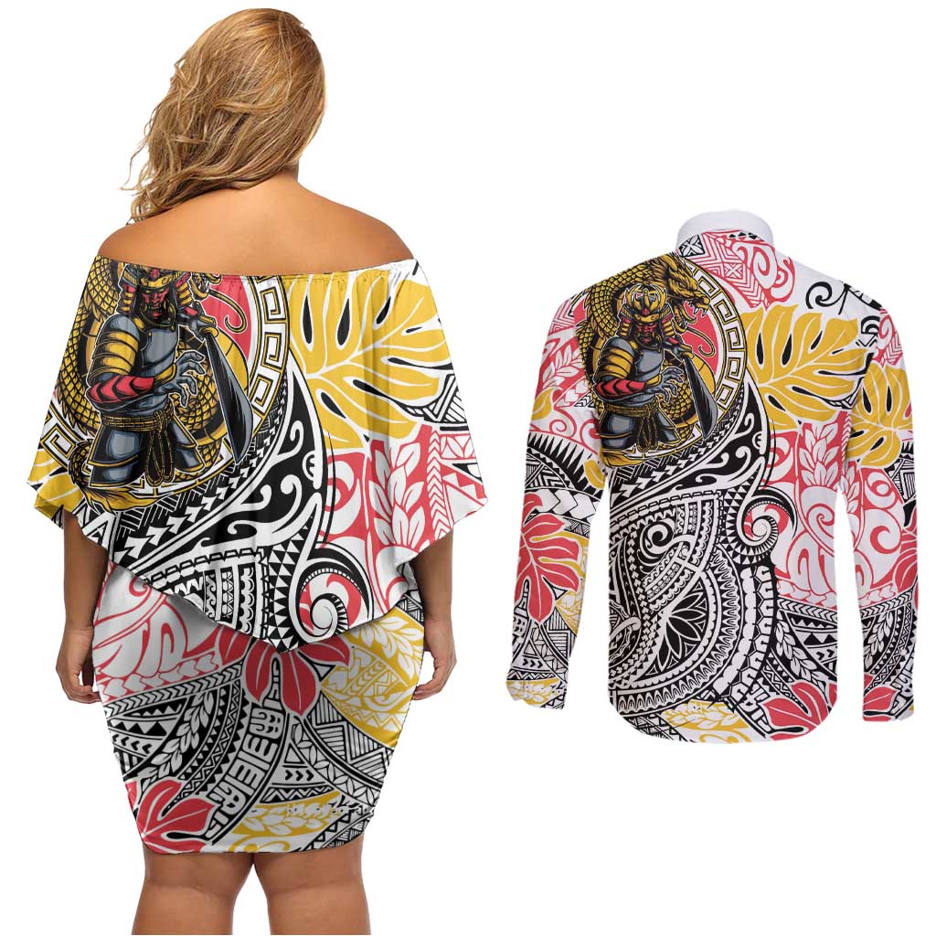 Japanese Samurai Warrior Couples Matching Off Shoulder Short Dress and Long Sleeve Button Shirt Colorful Polynesian Tattoo Style