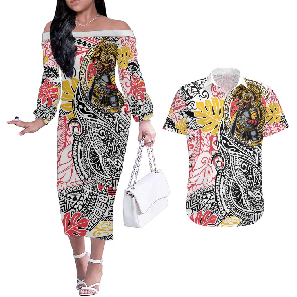 Japanese Samurai Warrior Couples Matching Off The Shoulder Long Sleeve Dress and Hawaiian Shirt Colorful Polynesian Tattoo Style LT9 White - Polynesian Pride
