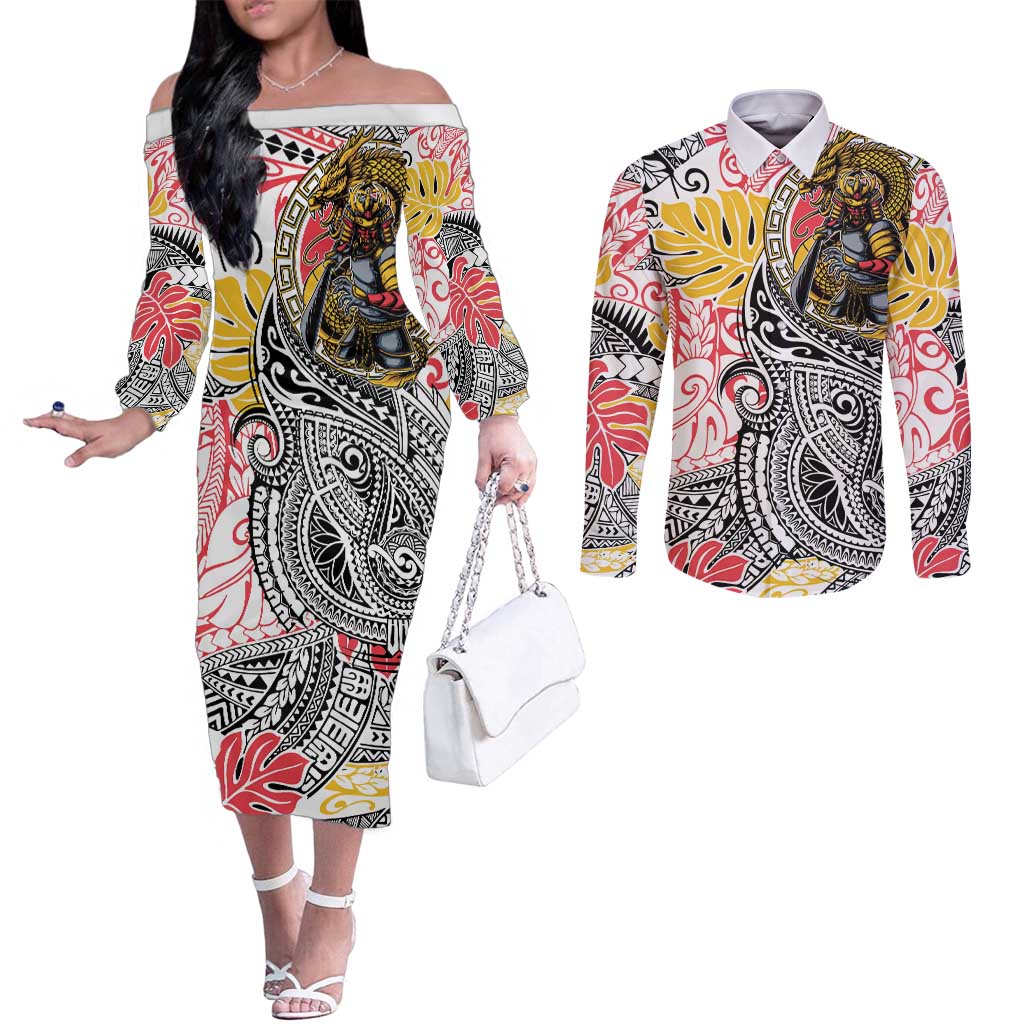 Japanese Samurai Warrior Couples Matching Off The Shoulder Long Sleeve Dress and Long Sleeve Button Shirt Colorful Polynesian Tattoo Style LT9 White - Polynesian Pride