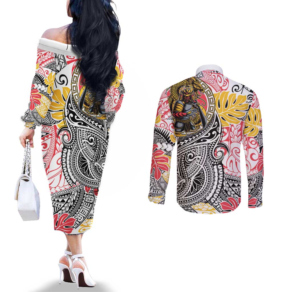 Japanese Samurai Warrior Couples Matching Off The Shoulder Long Sleeve Dress and Long Sleeve Button Shirt Colorful Polynesian Tattoo Style LT9 - Polynesian Pride