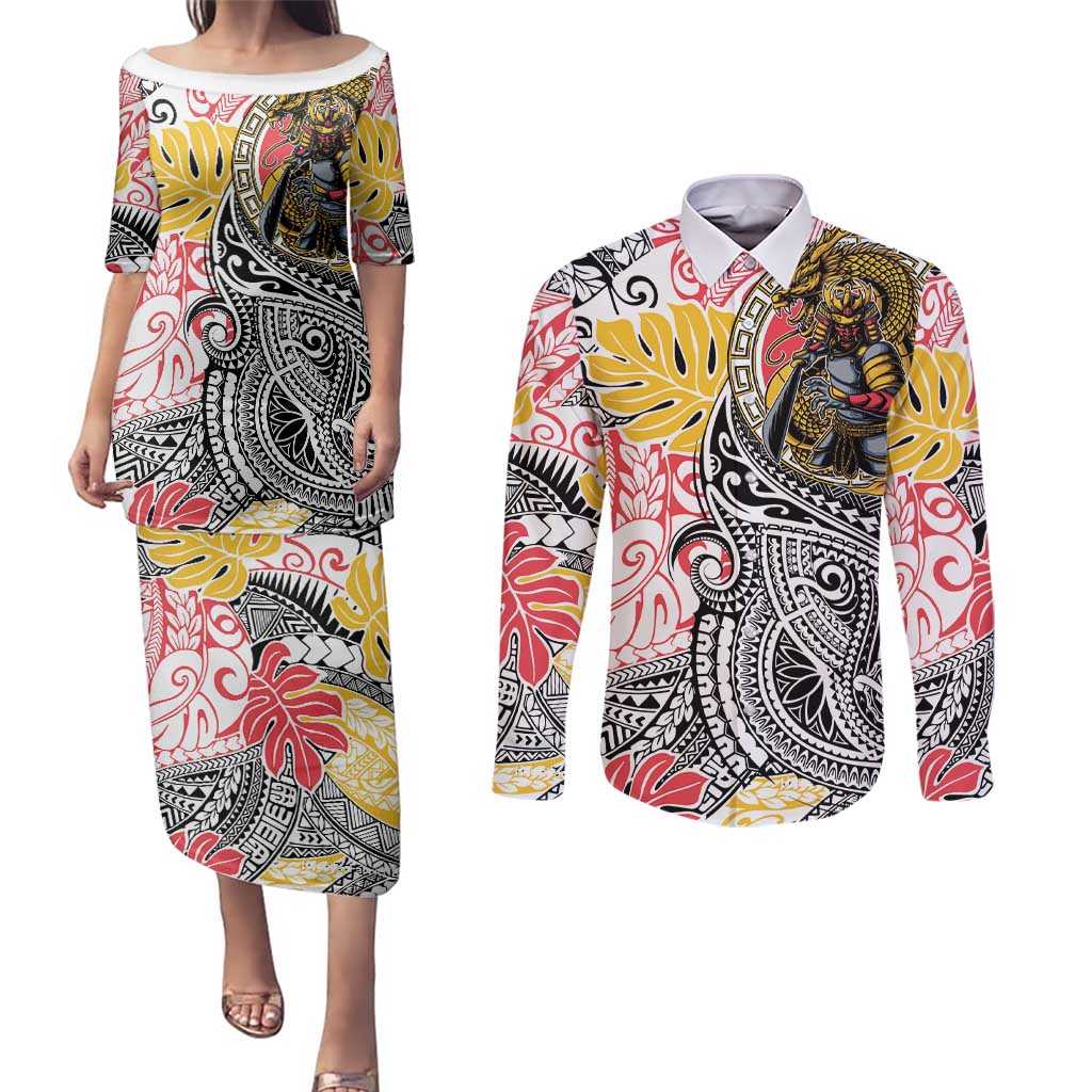 Japanese Samurai Warrior Couples Matching Puletasi and Long Sleeve Button Shirt Colorful Polynesian Tattoo Style LT9 White - Polynesian Pride
