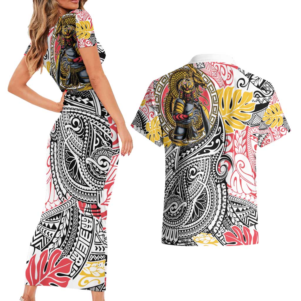 Japanese Samurai Warrior Couples Matching Short Sleeve Bodycon Dress and Hawaiian Shirt Colorful Polynesian Tattoo Style LT9 - Polynesian Pride