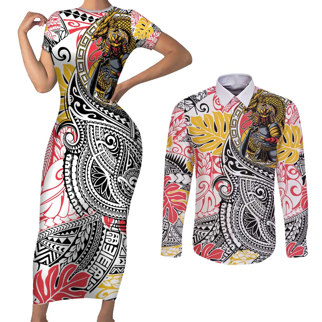 Japanese Samurai Warrior Couples Matching Short Sleeve Bodycon Dress and Long Sleeve Button Shirt Colorful Polynesian Tattoo Style LT9 White - Polynesian Pride