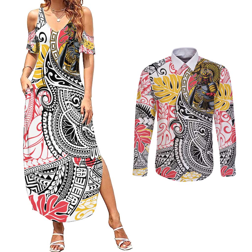 Japanese Samurai Warrior Couples Matching Summer Maxi Dress and Long Sleeve Button Shirt Colorful Polynesian Tattoo Style LT9 White - Polynesian Pride