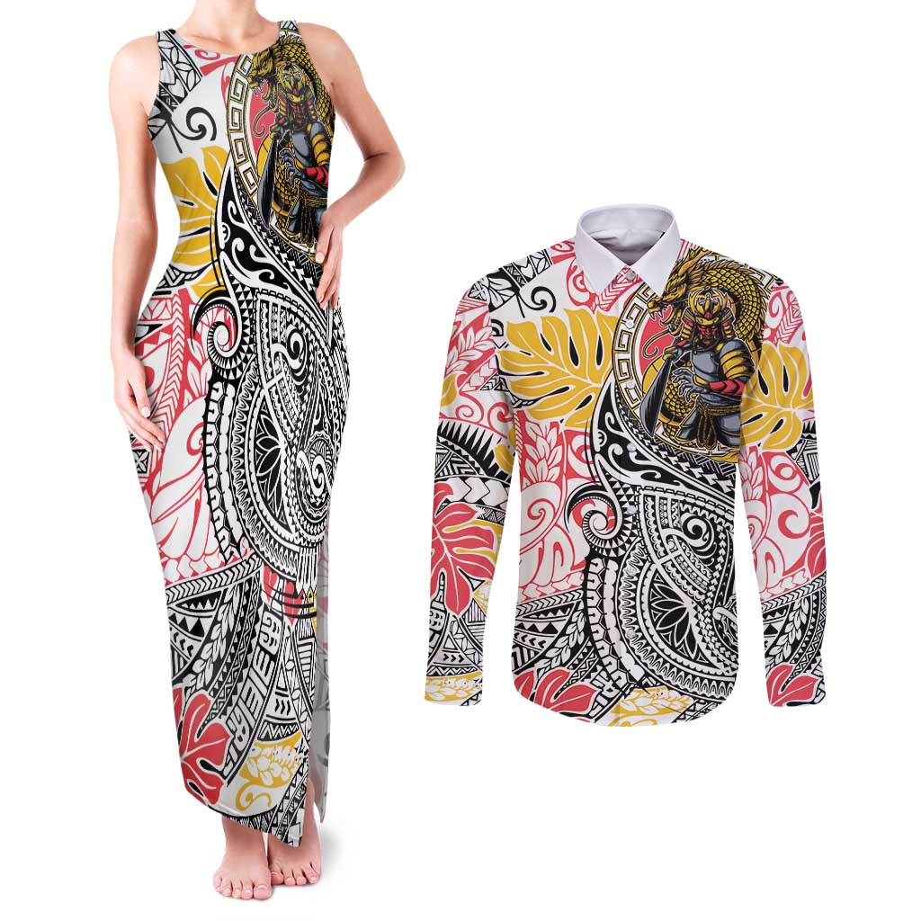 Japanese Samurai Warrior Couples Matching Tank Maxi Dress and Long Sleeve Button Shirt Colorful Polynesian Tattoo Style LT9 White - Polynesian Pride
