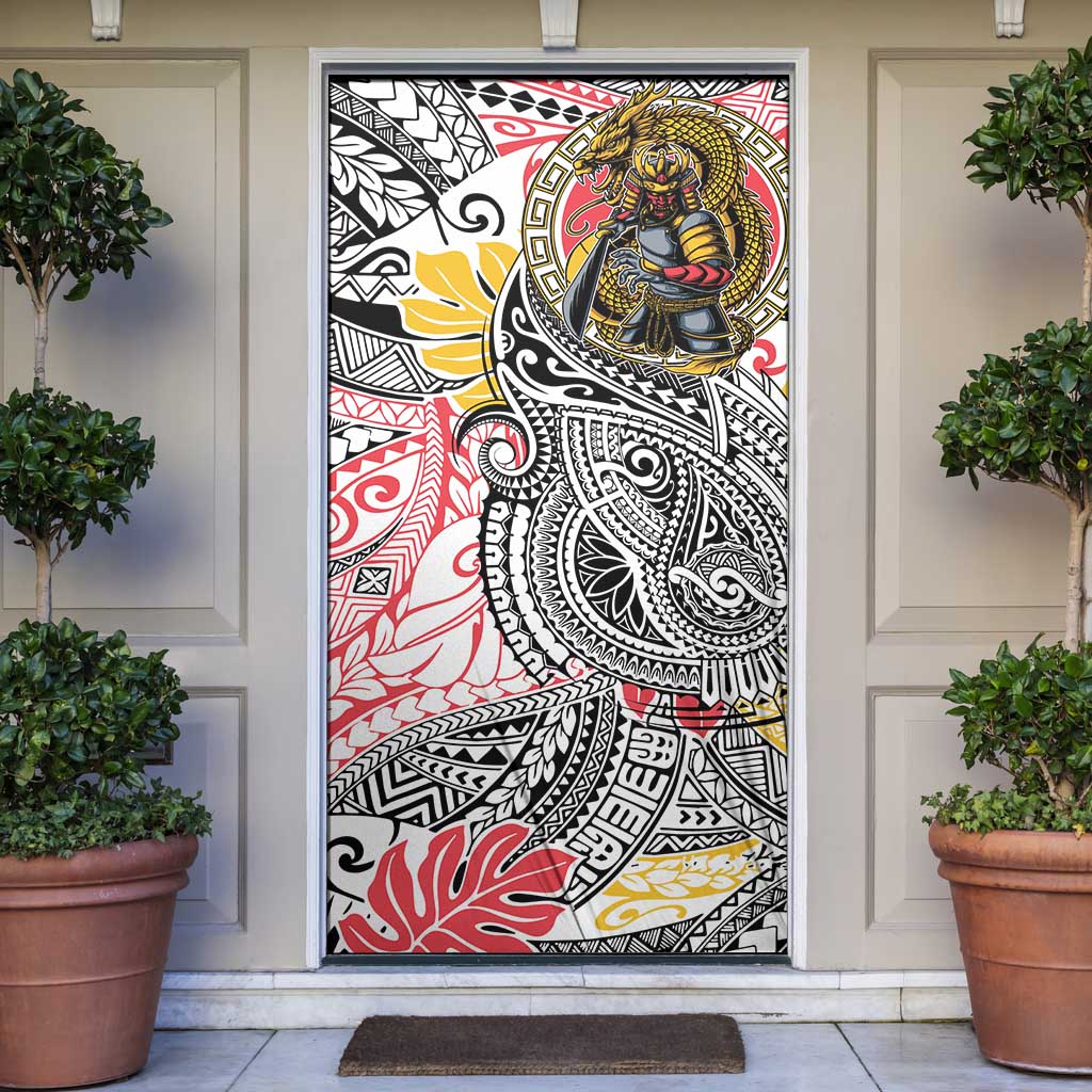 Japanese Samurai Warrior Door Cover Colorful Polynesian Tattoo Style LT9 White - Polynesian Pride