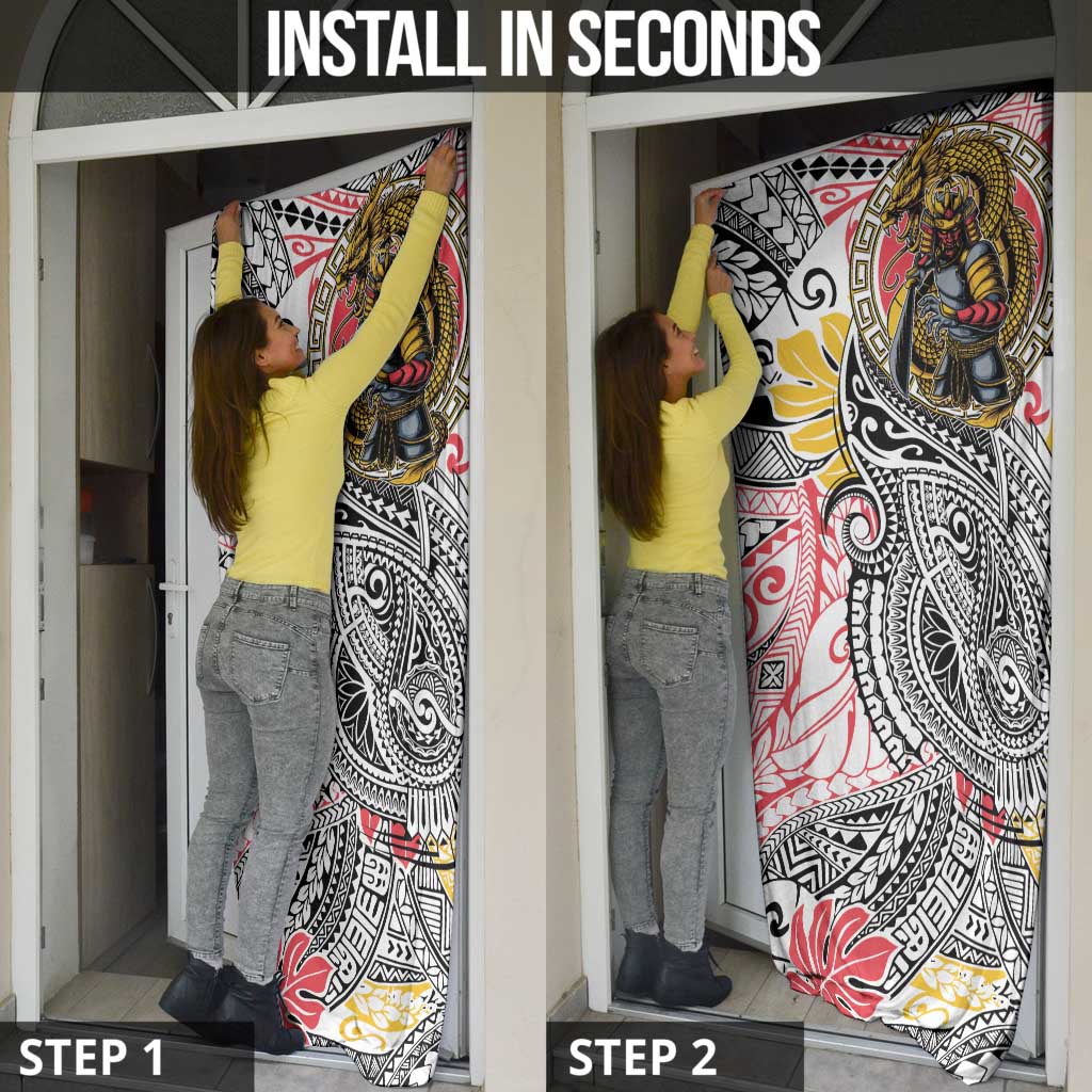 Japanese Samurai Warrior Door Cover Colorful Polynesian Tattoo Style LT9 - Polynesian Pride