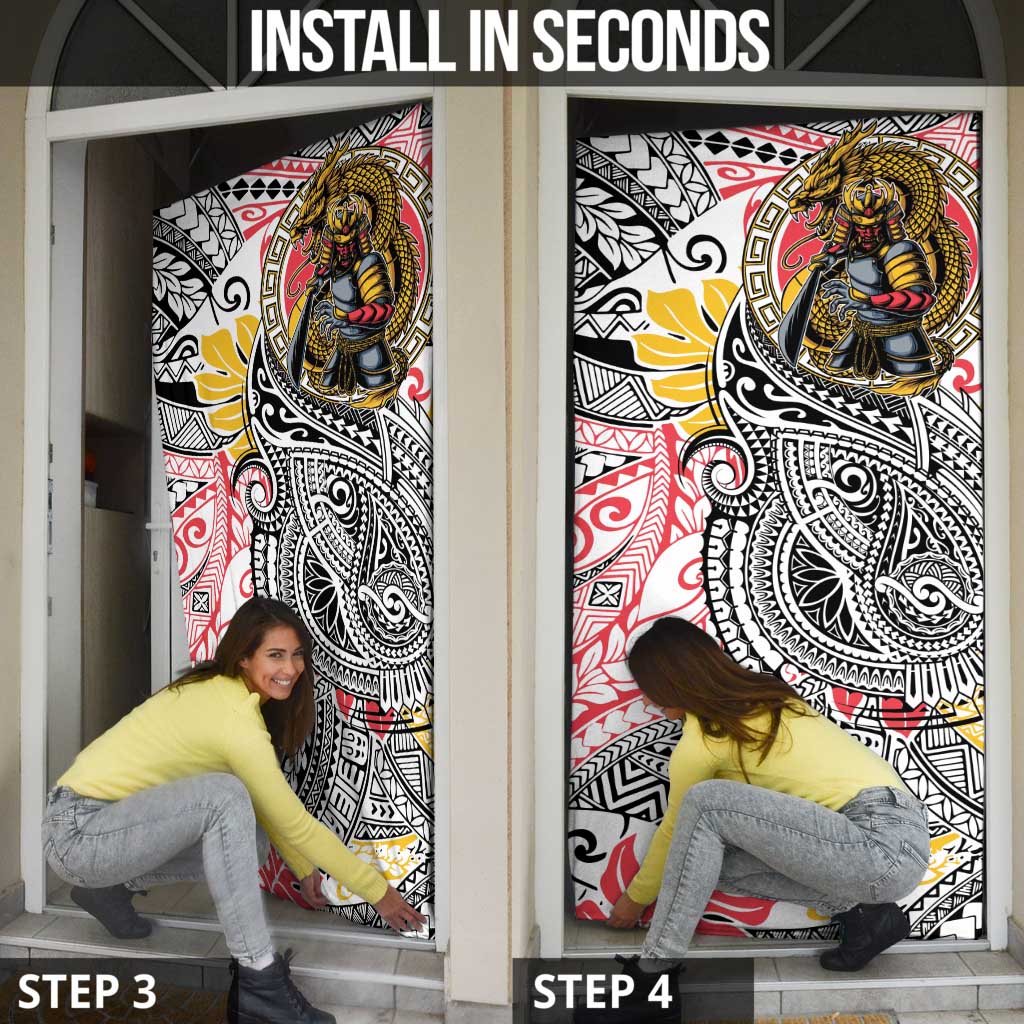 Japanese Samurai Warrior Door Cover Colorful Polynesian Tattoo Style LT9 - Polynesian Pride