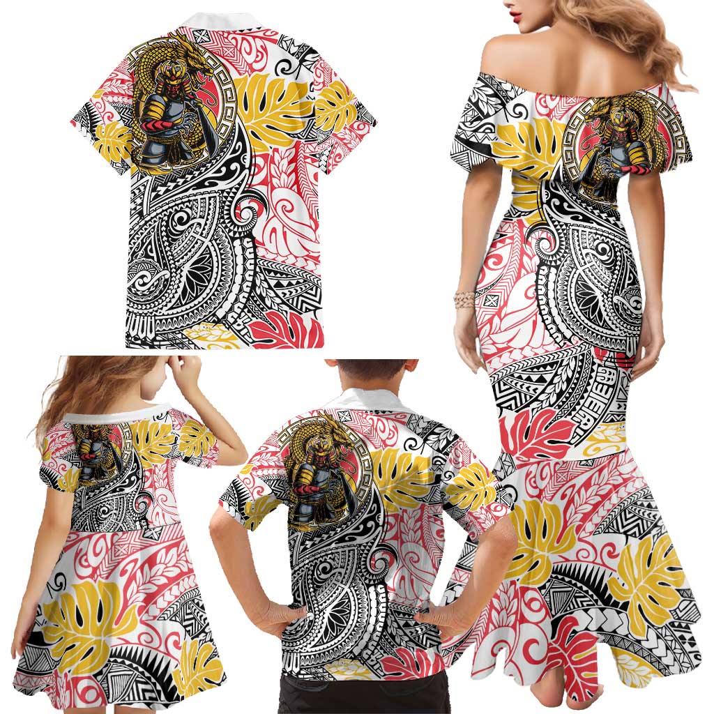 Japanese Samurai Warrior Family Matching Mermaid Dress and Hawaiian Shirt Colorful Polynesian Tattoo Style LT9 - Polynesian Pride