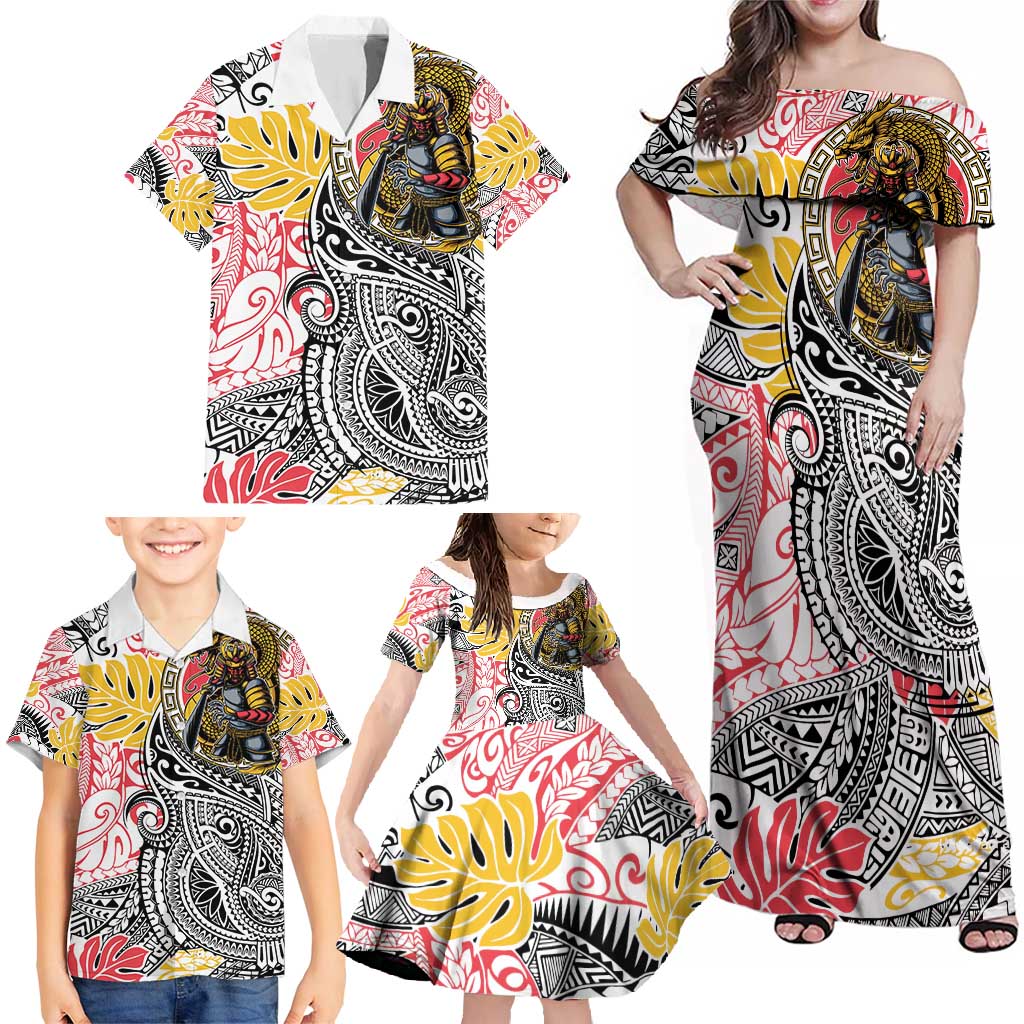 Japanese Samurai Warrior Family Matching Off Shoulder Maxi Dress and Hawaiian Shirt Colorful Polynesian Tattoo Style LT9 - Polynesian Pride