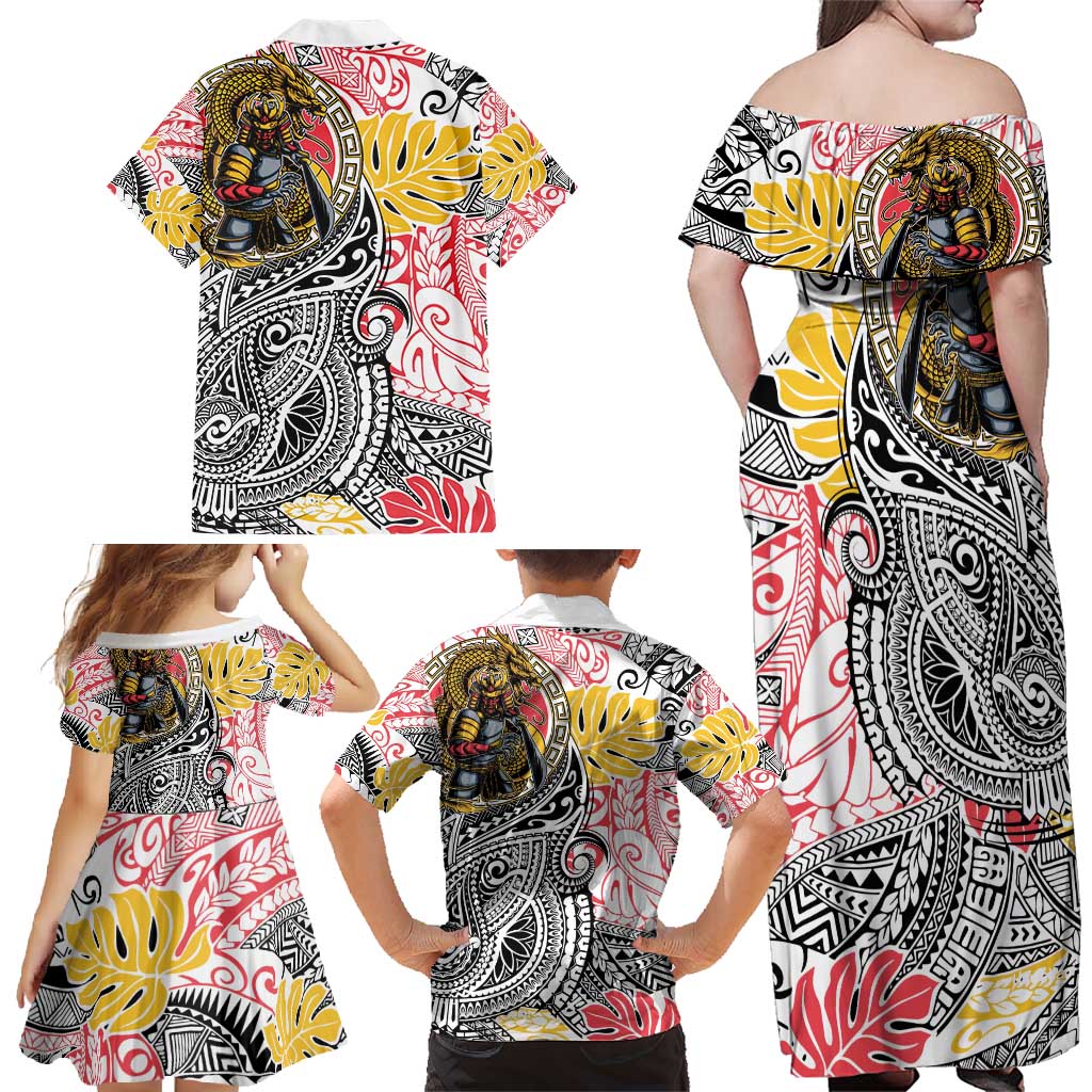 Japanese Samurai Warrior Family Matching Off Shoulder Maxi Dress and Hawaiian Shirt Colorful Polynesian Tattoo Style LT9 - Polynesian Pride