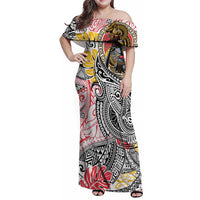Japanese Samurai Warrior Family Matching Off Shoulder Maxi Dress and Hawaiian Shirt Colorful Polynesian Tattoo Style LT9 Mom's Dress White - Polynesian Pride