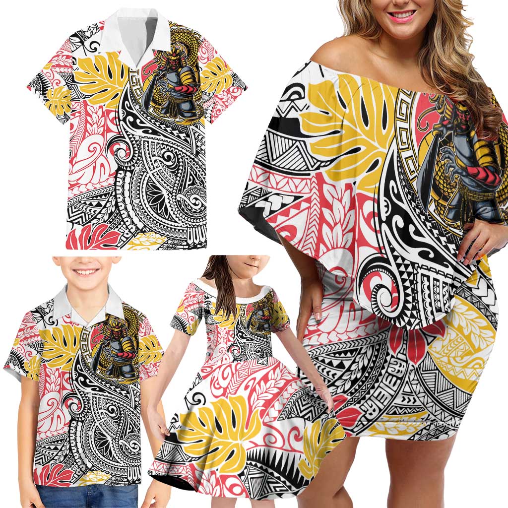 Japanese Samurai Warrior Family Matching Off Shoulder Short Dress and Hawaiian Shirt Colorful Polynesian Tattoo Style LT9 - Polynesian Pride